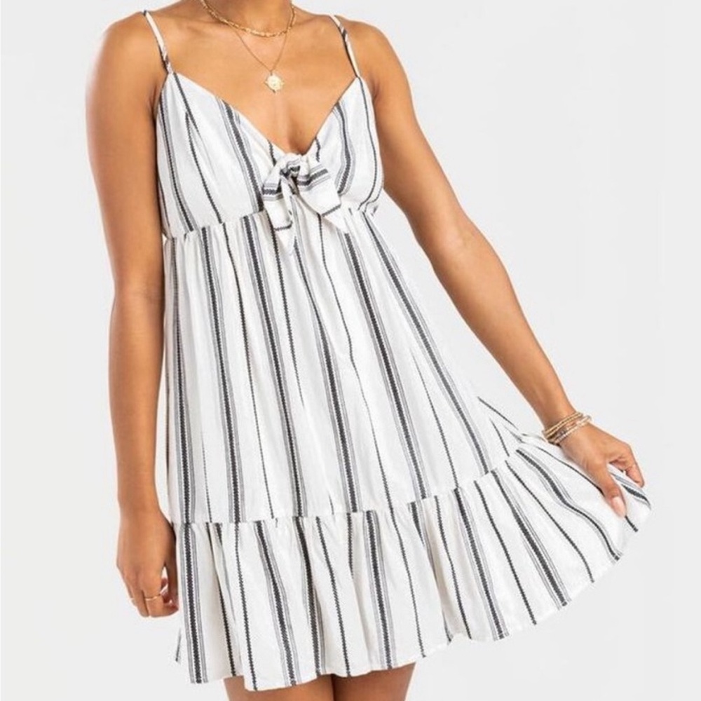 NWT Francesca’s Tie Front Black White Stripe Cottagecore Mini Dress Large Boho